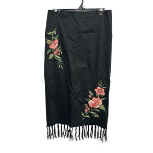 Kelly And Diane Skirt Black Floral Embroidery Fringe Size 8 Whimsigoth Boho Retr